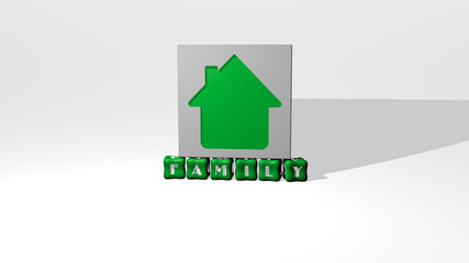 3D illustration of FAMILY graphics and text made by metallic dice letters for the related meanings of the concept and presentations. child and happy