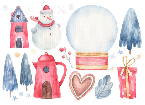 Christmas landscape 2021, clipart with snow, houses, snow globe, New Year motives, stars, snow, Watercolor illustration on a white background, Cards, posters, decor