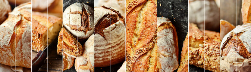 Assortment of bakery products. Wheat, buckwheat, yeast-free bread. Delicious, crispy and beautiful bread. Food collage.