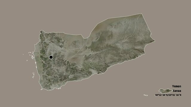 Al Bayda', governorate of Yemen, with its capital, localized, outlined and zoomed with informative overlays on a satellite map in the Stereographic projection. Animation 3D