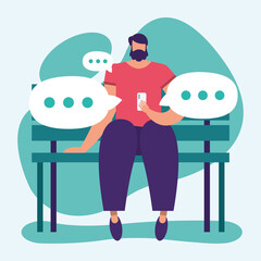 young man using smartphone in park chair social media technology