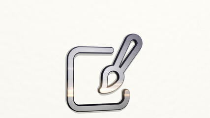 color brush paint from a perspective on the wall. A thick sculpture made of metallic materials of 3D rendering. background and illustration