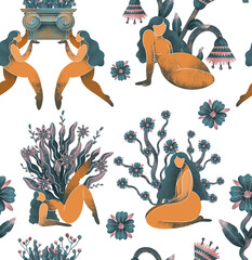 Materiał do szycia Raster seamless pattern with woman and flowers. Illustration with flowers can be used for wallpapers, pattern fills, web page backgrounds,surface textures. Gorgeous floral arrangement