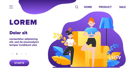 Mother and daughter practicing yoga at home. Woman and girl standing in tree pose flat vector illustration. Meditation, family activity concept for banner, website design or landing web page