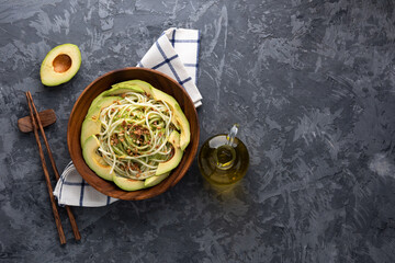 space avocado sauce noodle food background 