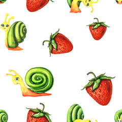 watercolor seamless pattern with little funny yellow snails  and strawberries