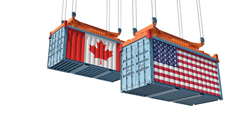 Freight containers with Canada and USA flag. 3D Rendering 