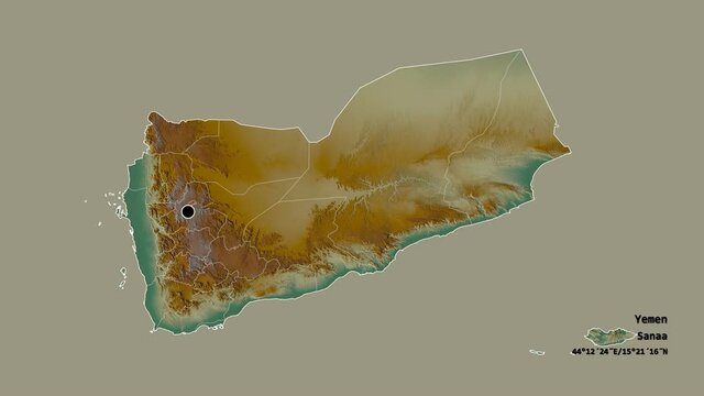 Al Hudaydah, governorate of Yemen, with its capital, localized, outlined and zoomed with informative overlays on a relief map in the Stereographic projection. Animation 3D