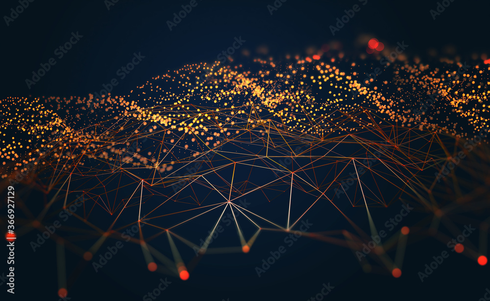 Poster Neural network 3D illustration. Abstract Big data concept. Global database and artificial intelligence. Bright, colorful background with bokeh effect