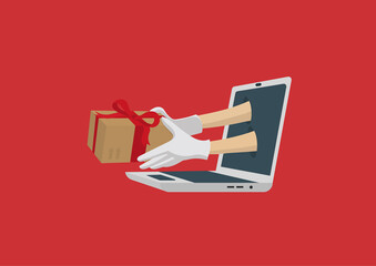 hands in white gloves holding gift bow package coming out of a laptop. Online shopping service and packages safely and with protection. Christmas shopping