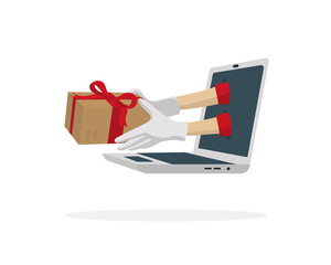 Santa Claus hands holding gift package coming out of a laptop. Internet shopping and parcel service. Christmas shopping