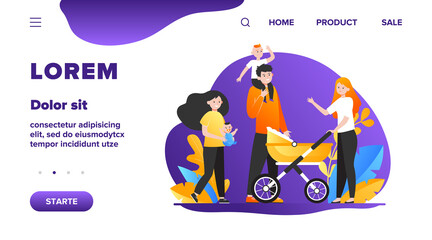 Happy big family walking together. Mother, kid, father flat vector illustration. Parenthood and relationship concept for banner, website design or landing web page