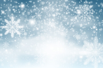 Winter blue sky with falling snow, snowflake. Christmas snow surface. Christmas Snowflakes Shining