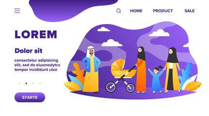 Muslim family walking in park. Kid, nature, love flat vector illustration. Nationality and religion concept for banner, website design or landing web page