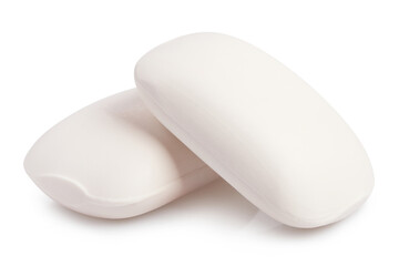 Close-up of two hygiene soap pieces, isolated on white background
