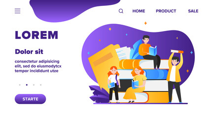 Focused tiny people reading books. Studying, story, library flat vector illustration. Knowledge and education concept for banner, website design or landing web page