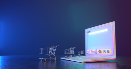 3d rendering of shopping cart and laptop. © FREEDOM-ELEMENT
