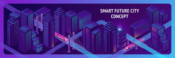 City of future isometric banner with speed trains riding on bridge with highway roads and glowing buildings around. Futuristic cityscape with neon glow skyscrapers illumination. 3d vector illustration