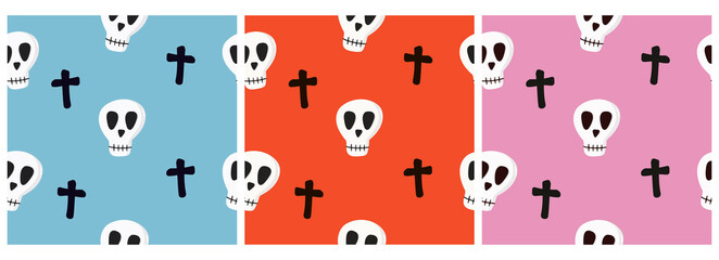 A set of Seamless vector patterns with funny skulls and crosses on a colored background. Happy Halloween. Children's collection of flat design for t-shirts, fabrics, printing