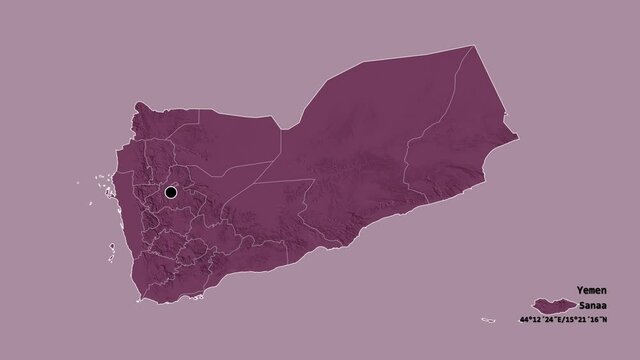 Ibb, governorate of Yemen, with its capital, localized, outlined and zoomed with informative overlays on a administrative map in the Stereographic projection. Animation 3D