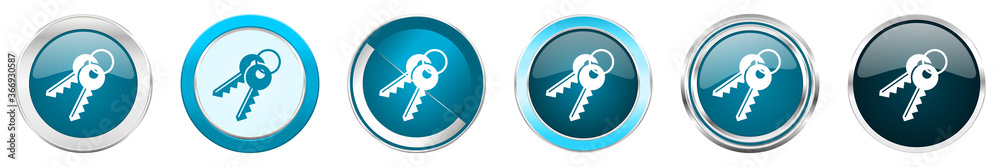 Poster Keys silver metallic chrome border icons in 6 options, set of web blue round buttons isolated on white background