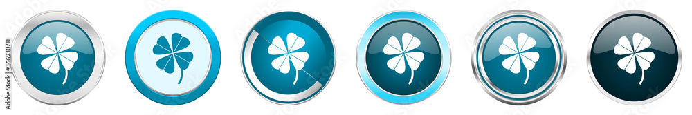 Aufkleber Four-leaf clover silver metallic chrome border icons in 6 options, set of web blue round buttons isolated on white background