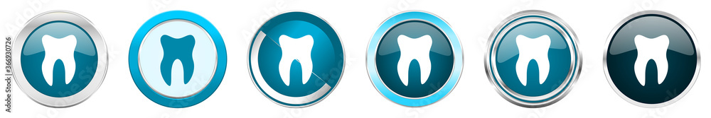 Aufkleber Tooth silver metallic chrome border icons in 6 options, set of web blue round buttons isolated on white background