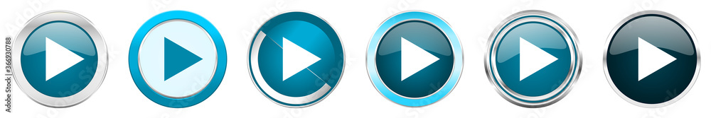 Poster Play silver metallic chrome border icons in 6 options, set of web blue round buttons isolated on white background