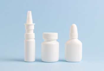 Medications in white vials on a blue background. Health. Medicine. Mock-up.