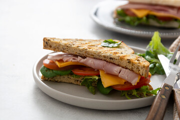 Fresh toasted sandwich with ham, vegetables and cheese for breakfast.