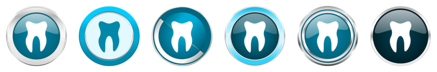 Tooth silver metallic chrome border icons in 6 options, set of web blue round buttons isolated on white background