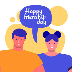 friendship day celebration with young couple and speech bubble