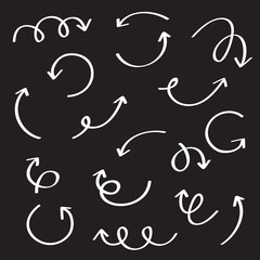 Arrow vector set isolated on black background. Trendy collection of different arrows for web site, app and logo. Hand drawn arrows, vector illustration