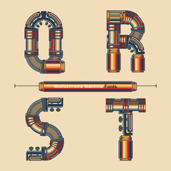 Alphabet Typography Font Monochrome Vintage machine color style in a set QRST