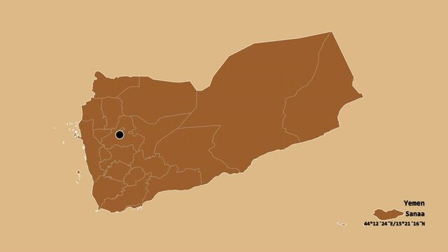 Ma'rib, governorate of Yemen, with its capital, localized, outlined and zoomed with informative overlays on a solid patterned map in the Stereographic projection. Animation 3D