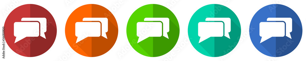 Poster message, bubble, dialog icon set, red, blue, green and orange flat design web buttons isolated on wh