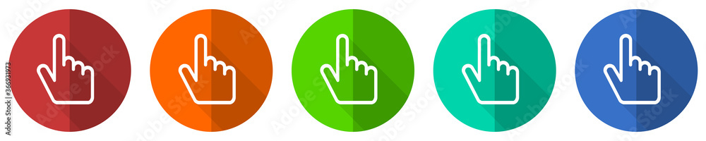 Aufkleber cursor hand icon set, red, blue, green and orange flat design web buttons isolated on white backgrou
