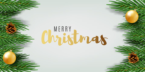 Christmas banner design with green realistic pine branches. Vector illustration