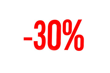 Red lettering on white background minus thirty percent discount, black friday shopping and sales concept