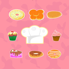 various types of bread and cakes were delicious Indonesian and a chef's hat in the form of vector illustration