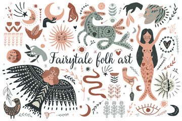 Modern bohemian style, folk tribal art in the Scandinavian style. Folk mythology, Swedish folklore. animals and plants.