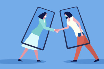 Conceptual illustration of two women wearing mask framed by mobile phones shaking hands. Concept of social life at the time of viral pandemic