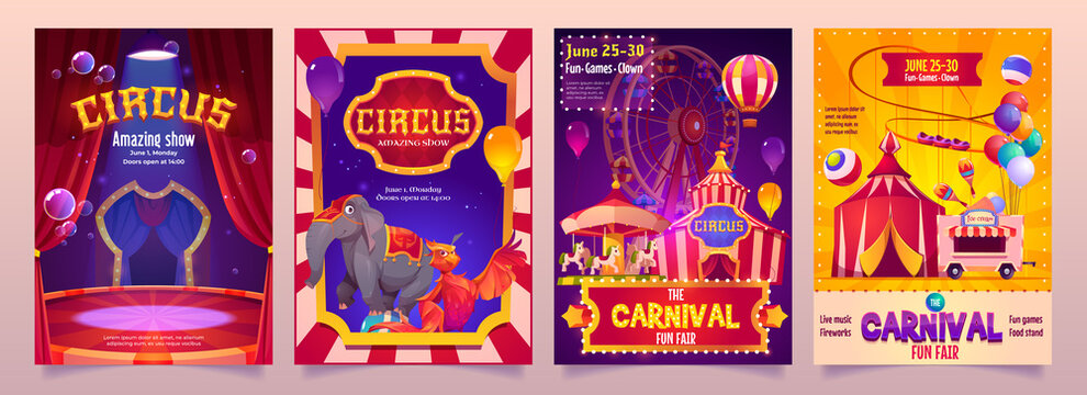 Circus show banners, big top tent carnival entertainment with elephant, phoenix on stage, ice cream booth and carousel. Invitation flyers, tickets to funfair amusement park, cartoon vector posters set
