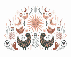 Modern bohemian style, folk tribal art in the Scandinavian style. Folk mythology, Swedish folklore. animals and plants.