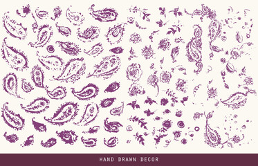 Hand drawn shabby vintage oriental paisley elements, flowers and leaves, branches, curls