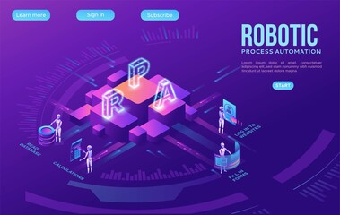 Robotic process automation landing page template with robots working with data, arms moving files, extracting information from websites, rpa digital technology, 3d isometric vector illustration