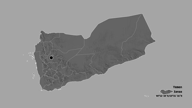 Ta`izz, governorate of Yemen, with its capital, localized, outlined and zoomed with informative overlays on a bilevel map in the Stereographic projection. Animation 3D