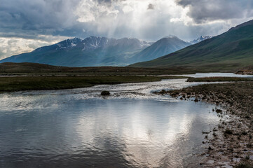Sunrays over Naryn gorge, River, Naryn Region, Kyrgyzstan