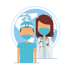 young doctors couple wearing medical masks and earth planet