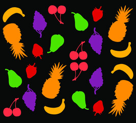 Bright summer minimalism flat fruit vector pattern illustration with banana, pineapple, grapes, cherry, strawberry, pear silhouettes. Summer background.